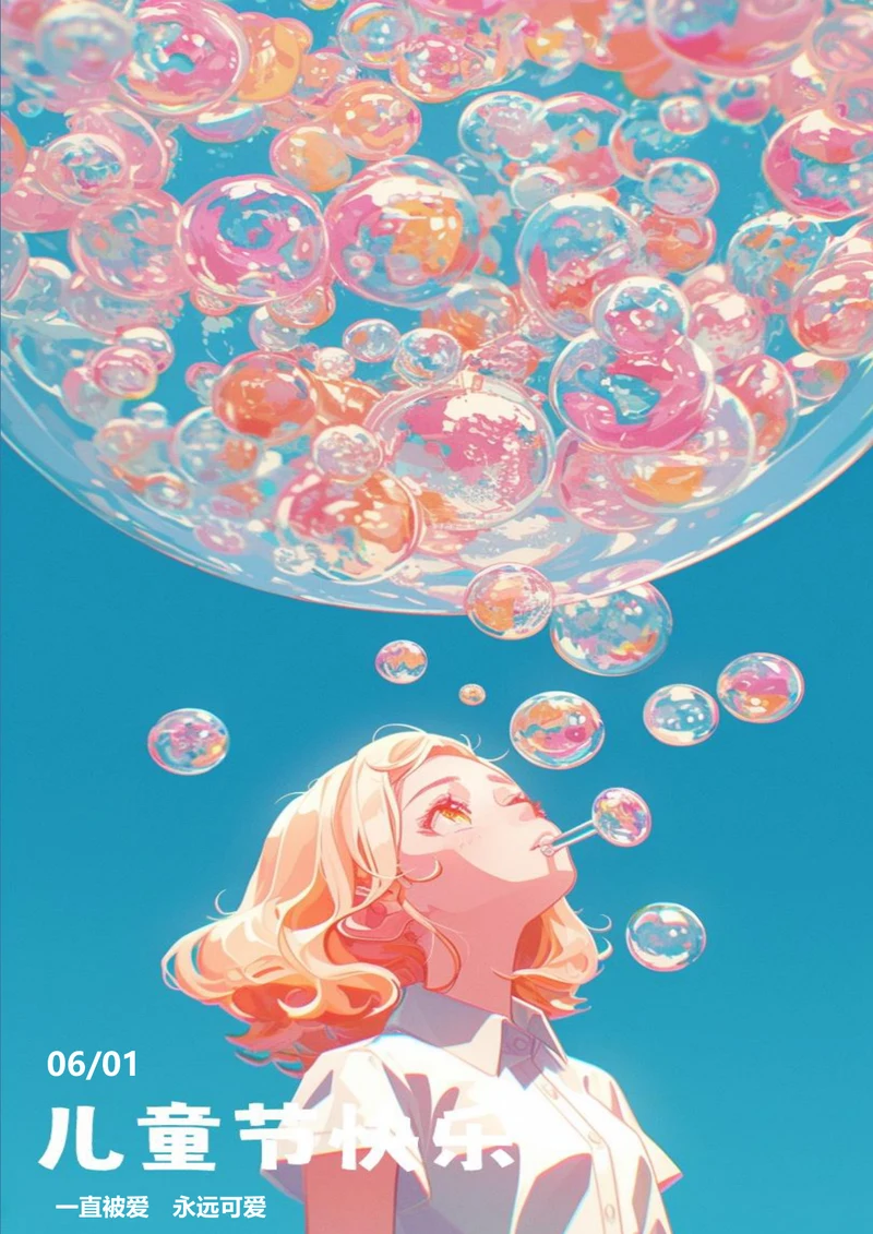 卡通吹泡泡女孩背景六一节日海报