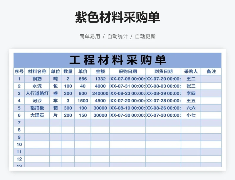 紫色材料采购单