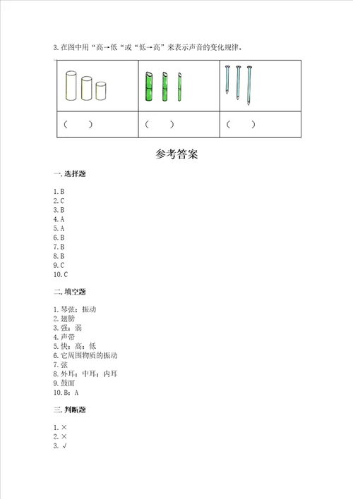 教科版科学四年级上册第一单元声音测试卷及参考答案考试直接用