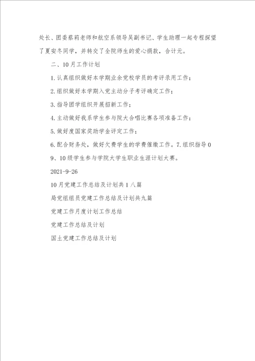 2021年910月党建工作总结及计划