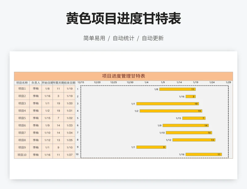 黄色项目进度甘特表