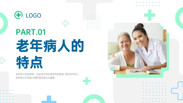 蓝绿色商务形状老年患者护理培训PPT课件护理查房