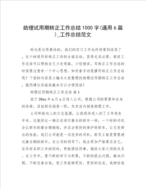 助理试用期转正工作总结1000字通用6篇工作总结范文