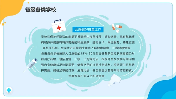 黄蓝拼色卡通校园疫情防控防疫PPT模板