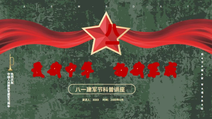 八一迷彩军旅风建军节宣传扬我军威通用PPT模板