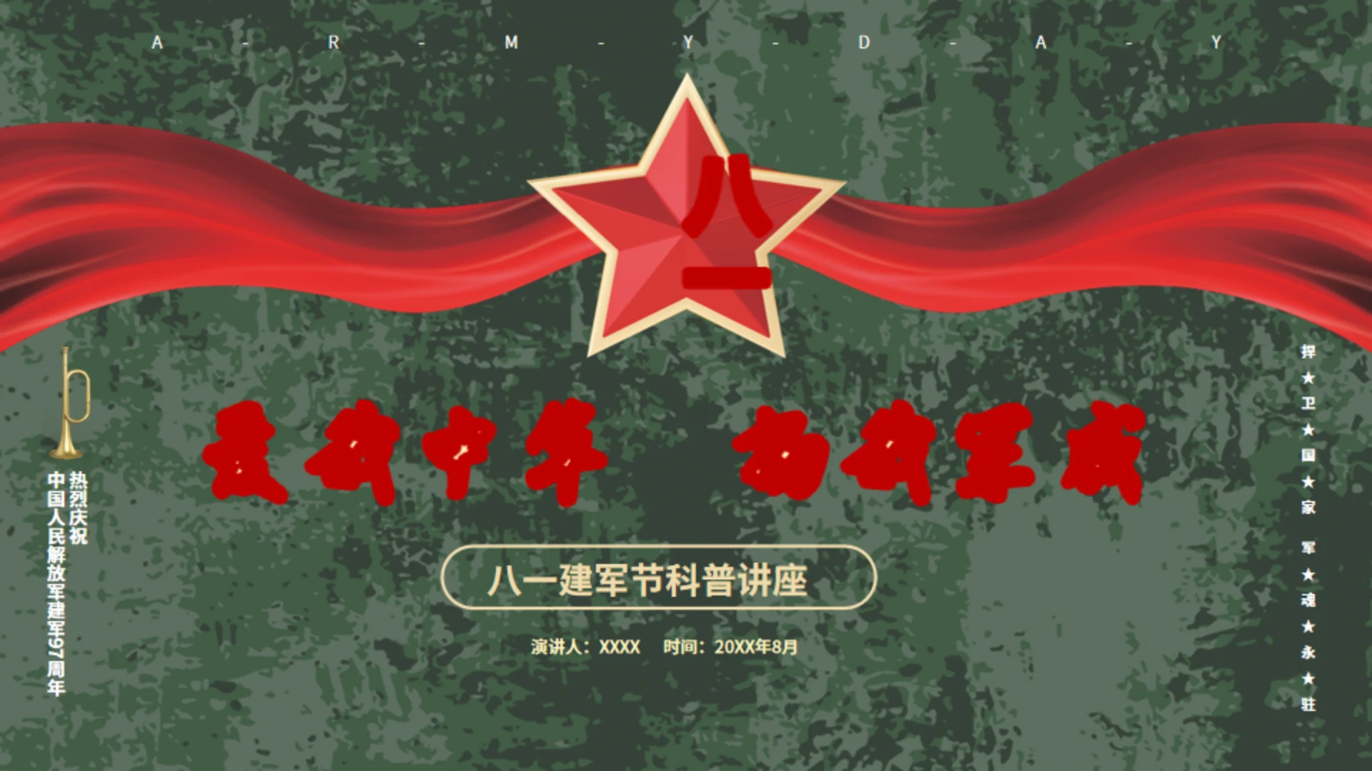 八一迷彩军旅风建军节宣传扬我军威通用PPT模板