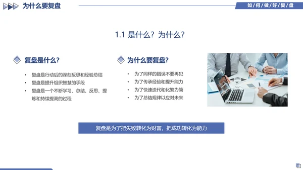 蓝色简约几何图形如何做好复盘工作培训PPT