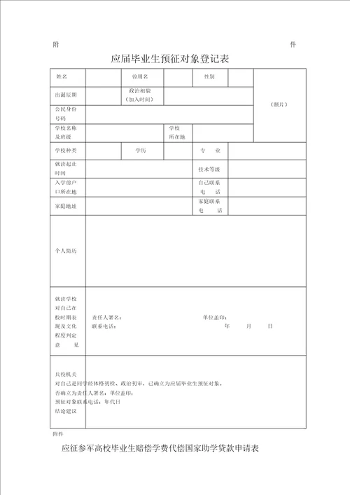 应届毕业生预征对象登记表及应征入伍高校毕业生补偿学费代偿国家助学贷款申请表