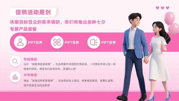 粉色3D风格七夕节电商促销方案PPT模板
