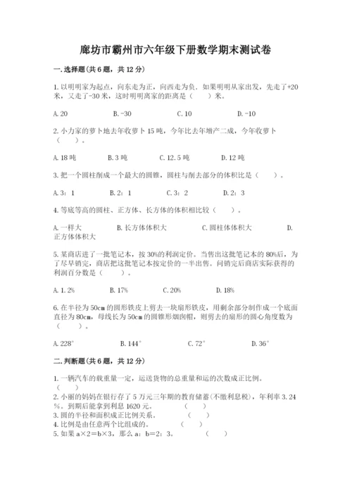 廊坊市霸州市六年级下册数学期末测试卷精品有答案.docx