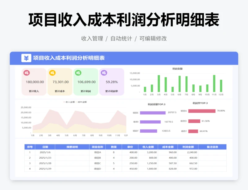 项目收入成本利润分析明细表