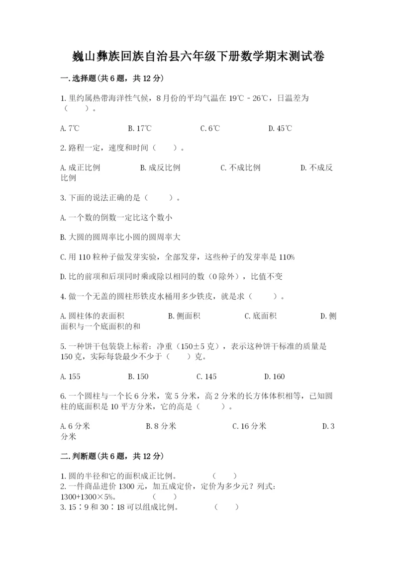 巍山彝族回族自治县六年级下册数学期末测试卷及参考答案1套.docx