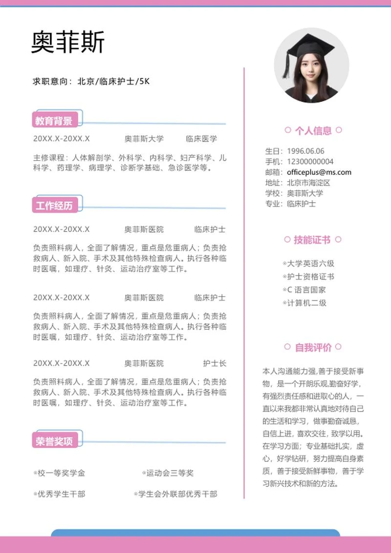 蓝粉色线条临床护士简历word模板