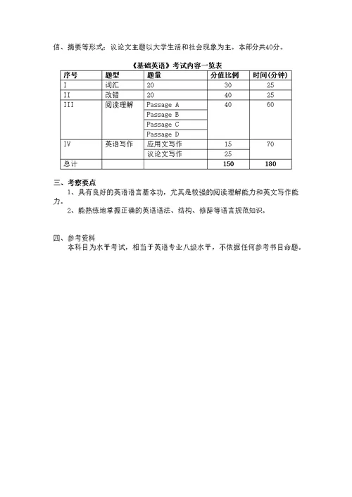 中国地质大学北京外国语学院外国语言文学专业《基础英语》入学考试大纲