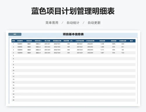 蓝色项目计划管理明细表