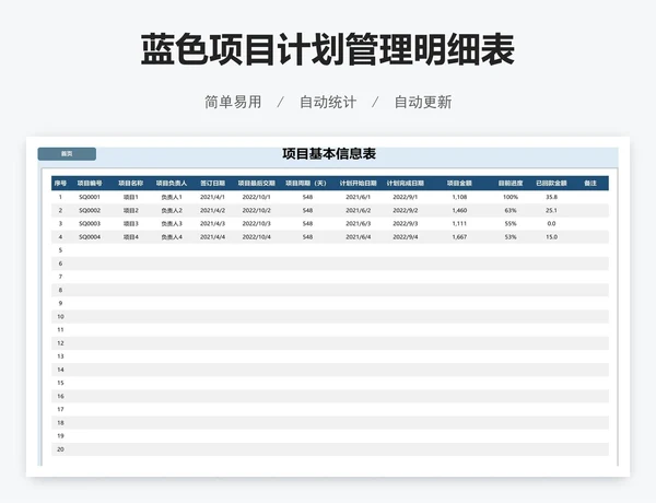蓝色项目计划管理明细表