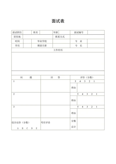 招聘与配置之面试表