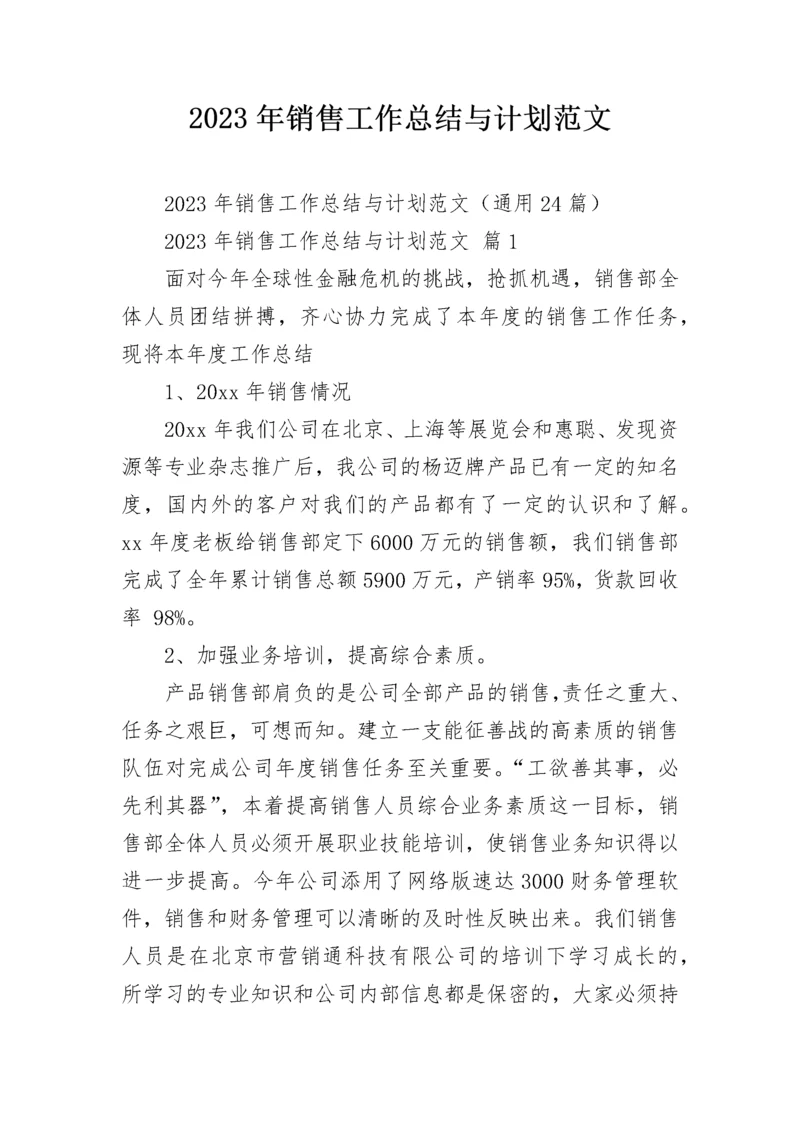 2023年销售工作总结与计划范文.docx