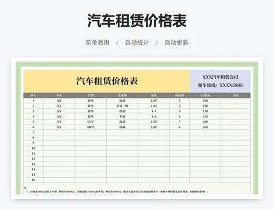汽车租赁价格表