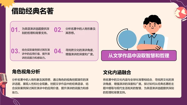 紫色插画风英语演讲比赛选题技巧PPT模板