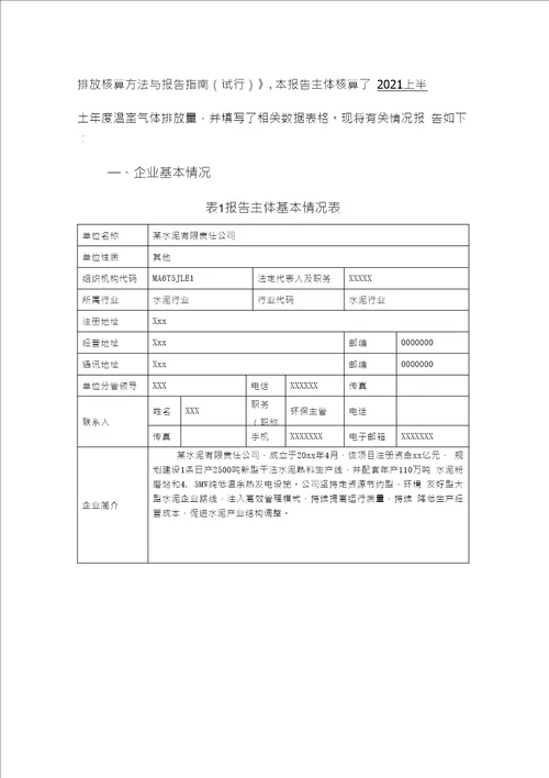 2020年某水泥有限公司温室气体排放报告