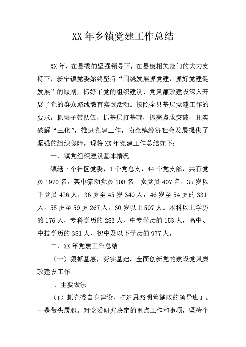 XX年乡镇党建工作总结