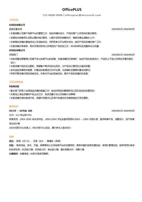 电商行业运营专员求职简历模板