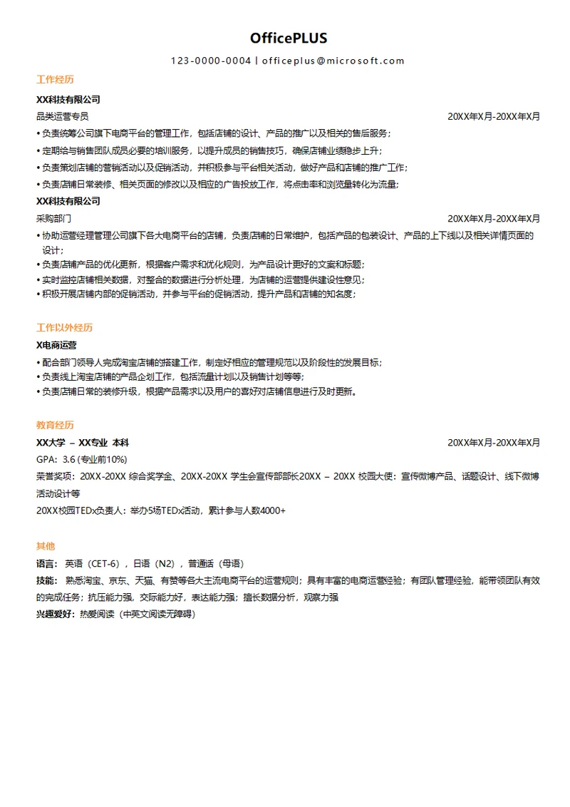 电商行业运营专员求职简历模板