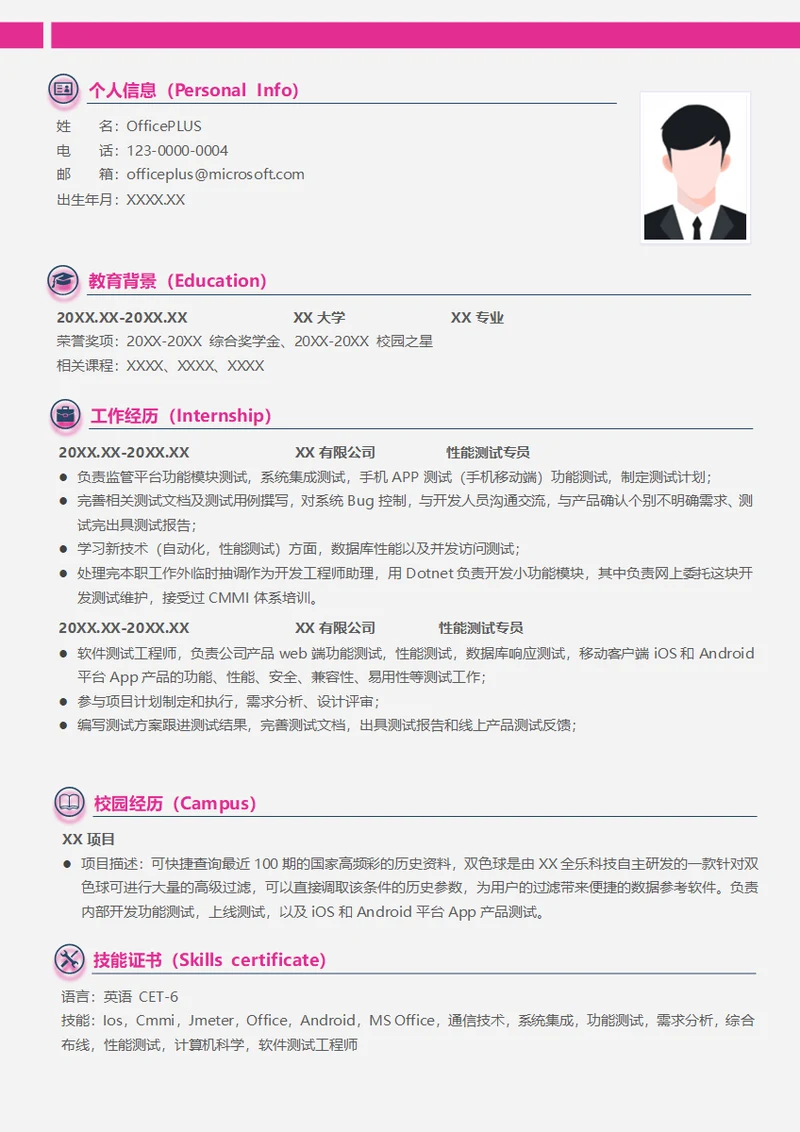 性能测试专员简历模板