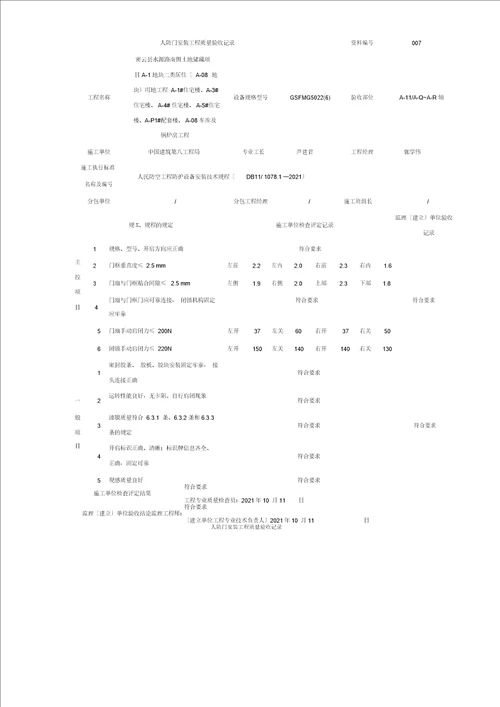 人防门安装工程质量验收记录