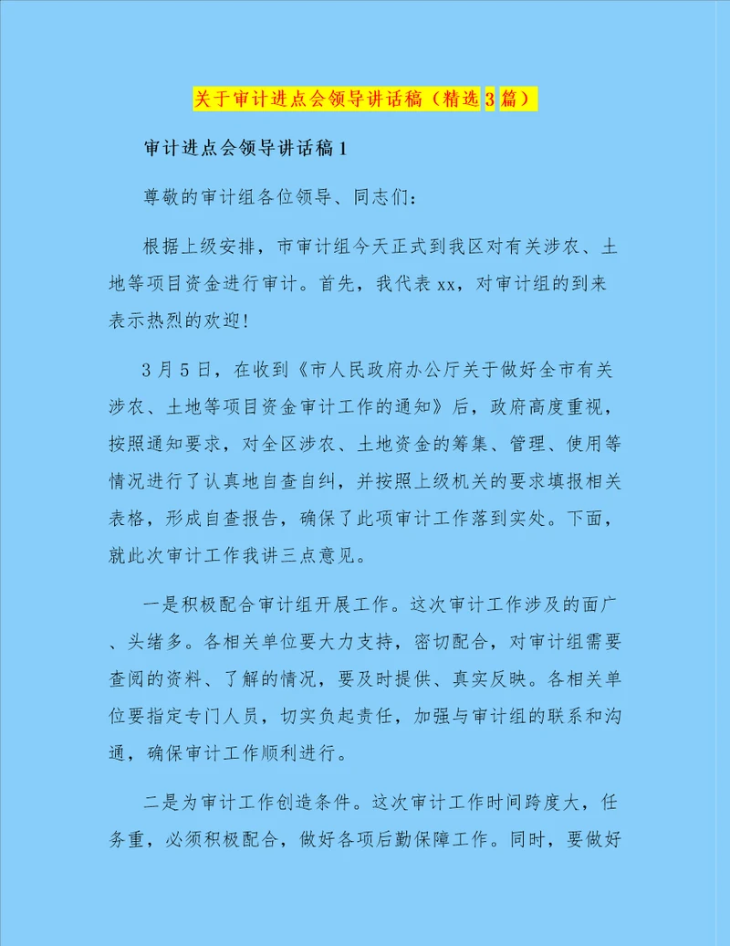 关于审计进点会领导讲话稿精选3篇