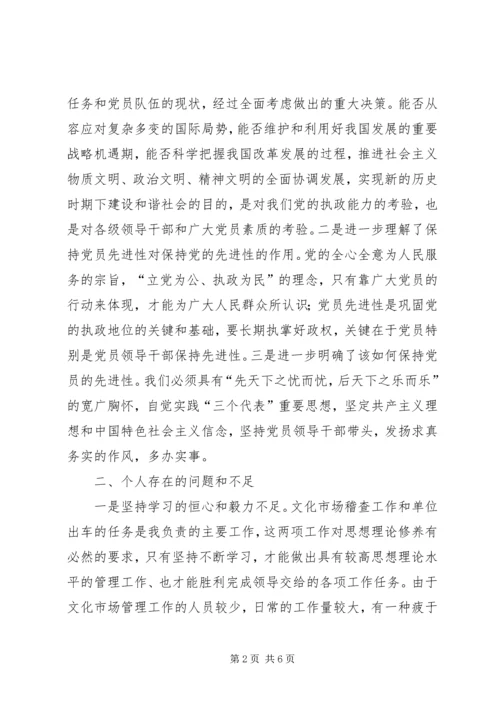 文化市场管理办公室稽查员党性分析材料 (3).docx