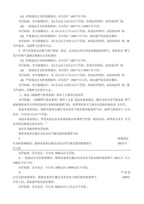 城镇燃气管理条例行政处罚裁量标准