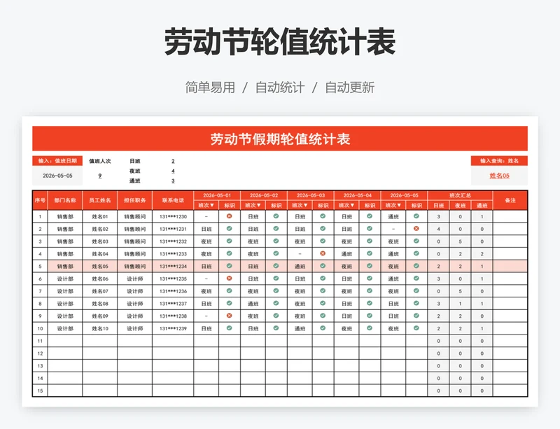 劳动节轮值统计表