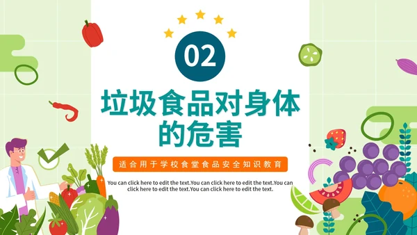 手绘卡通绿色校园食堂食品安全知识培训PT模板