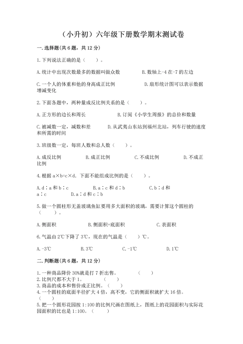 （小升初）六年级下册数学期末测试卷一套.docx