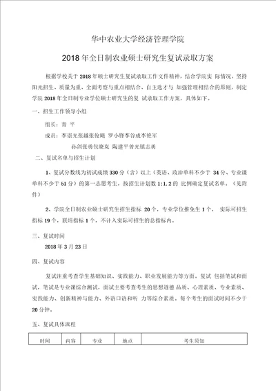 华中农业大学经济管理学院全日制农业硕士研究生复试录取方案