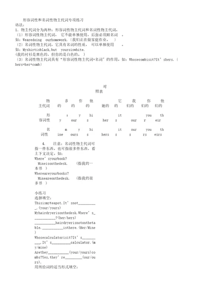 形容词性及名词性物主代词专项总结练习