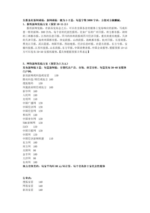 某家具新品推广发布会媒体投放预算方案