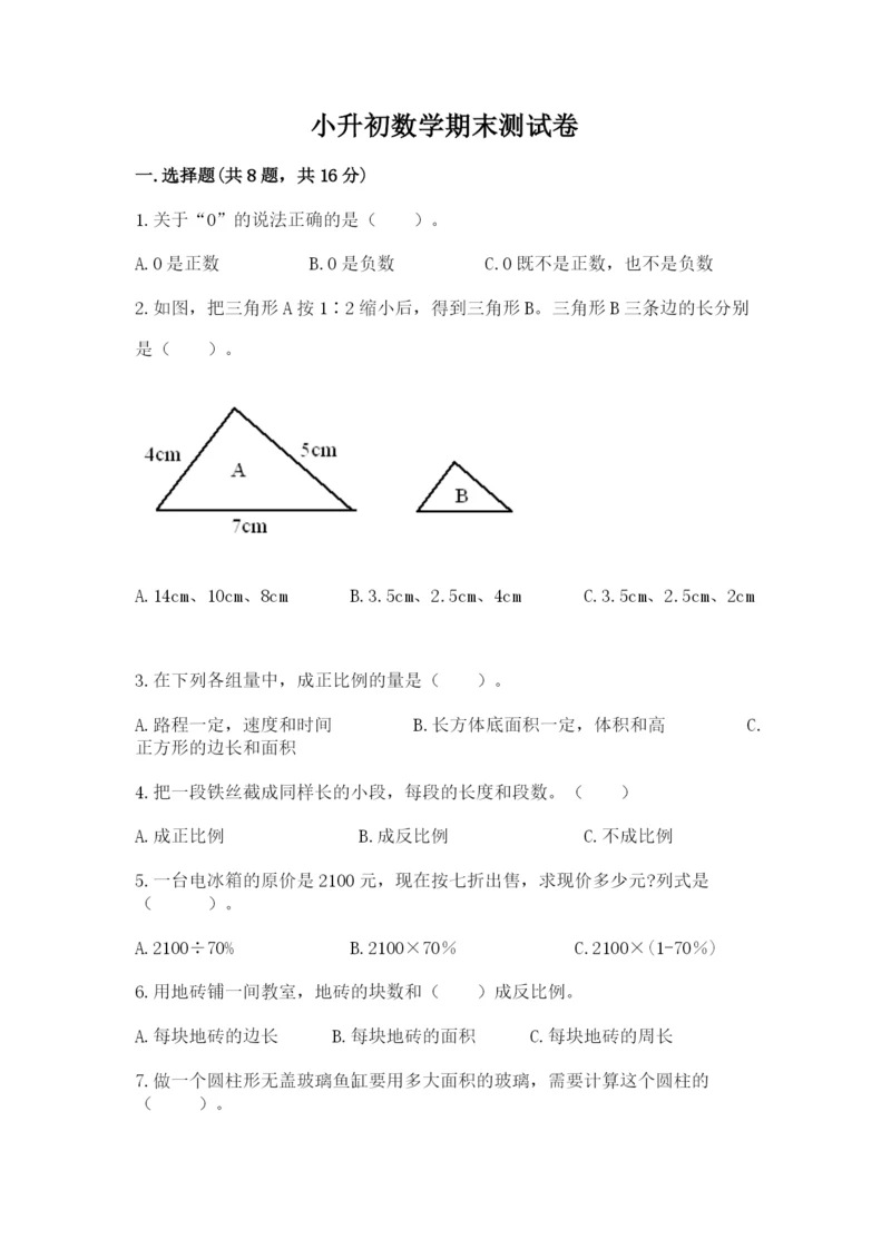 小升初数学期末测试卷学生专用.docx