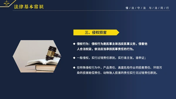 黄蓝双色简约商务大气知法懂法与法同行公司法律知识讲座宣传PP世界法律日