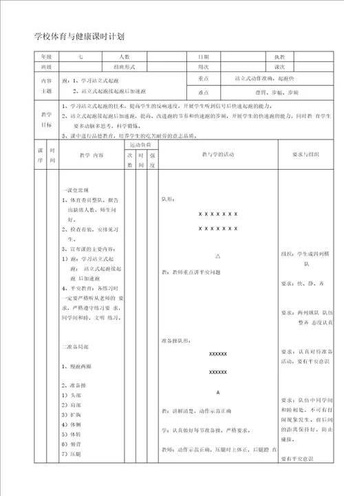 水平四七年级体育快速跑站立式起跑接起跑后加速跑教学设计及教案