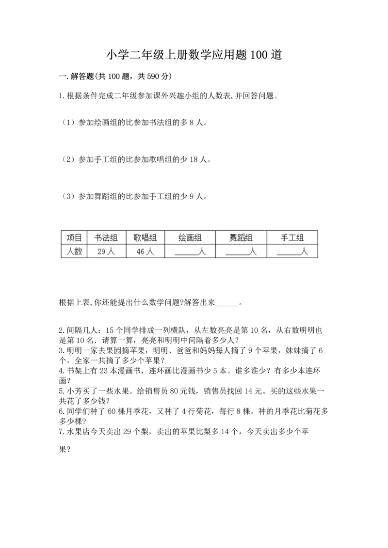 小学二年级上册数学应用题100道及参考答案（巩固）.docx