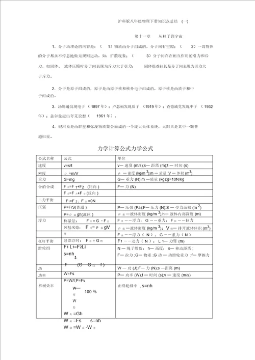 沪科版八年级物理下册知识点总结一