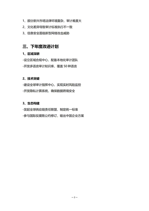 跨国企业审计部门年度工作总结