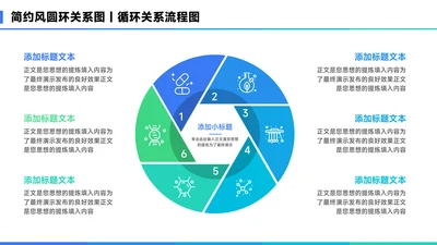 蓝色简约风6项圆环总分关系图PPT