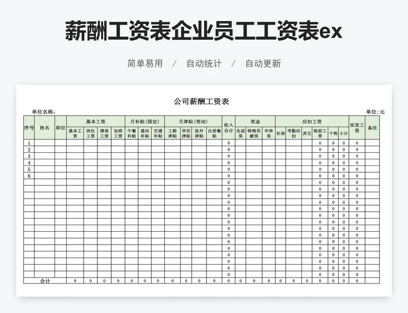 薪酬工资表企业员工工资表excel工资表格模板