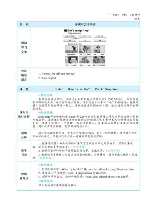 Unit 1 What's he like Part C  Story time大单元整体教学设计(