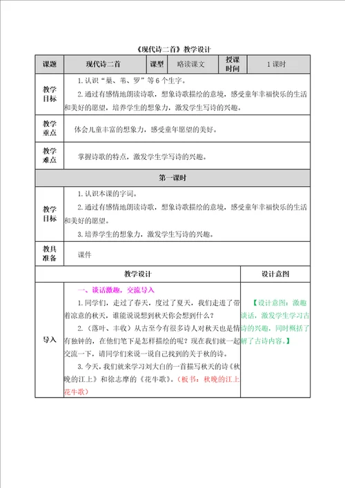 现代诗二首教学设计