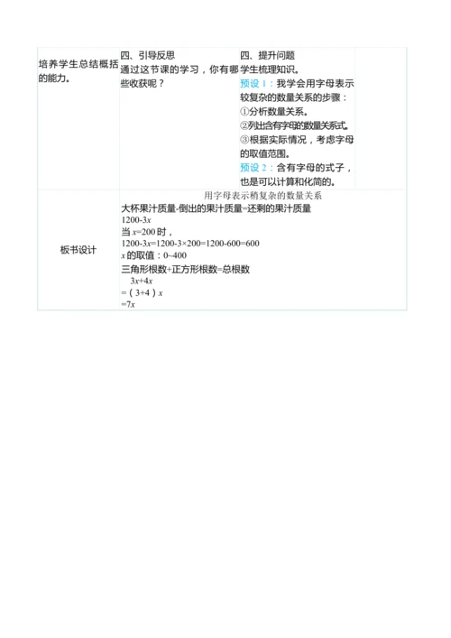 （大单元整体教学）5.3用字母表示稍复杂的数量关系（表格式）教学设计 人教版 五年级上册数学